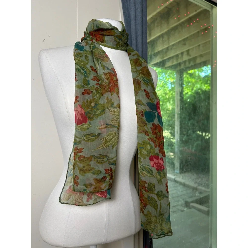 Green Floral Scarf Botanical Rose Festival Boho Cottagecore Garden Tea‎ Party